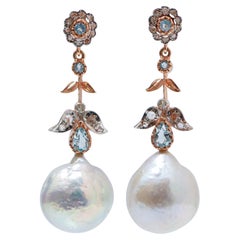 Aquamarine Colour Topazs, Pearls, Diamonds, Rose Gold and Silver Earrings.