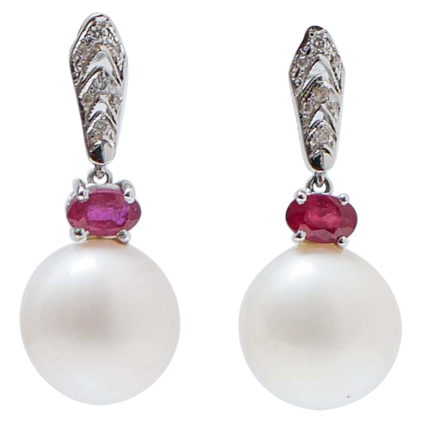 White Pearls, Rubies, Diamonds, 14 Karat White Gold Earrings.
