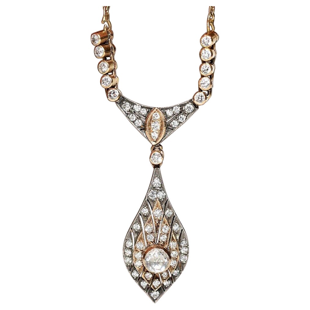 Vintage Circa 1980s 14k Gold Natural Diamond Decorated Drop Necklace For Sale