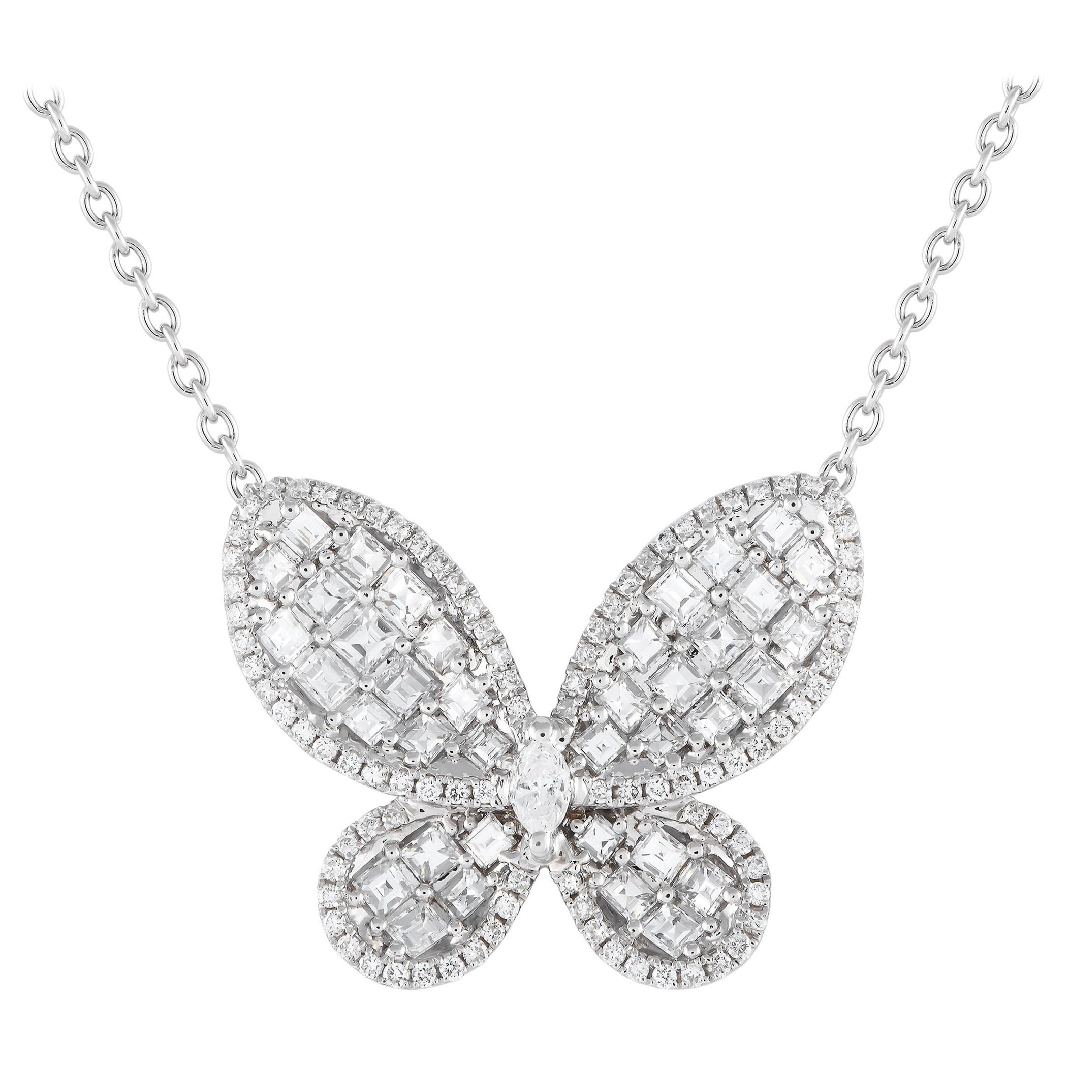 LB Exclusive 18K White Gold 1.50ct Diamond Butterfly Necklace For Sale