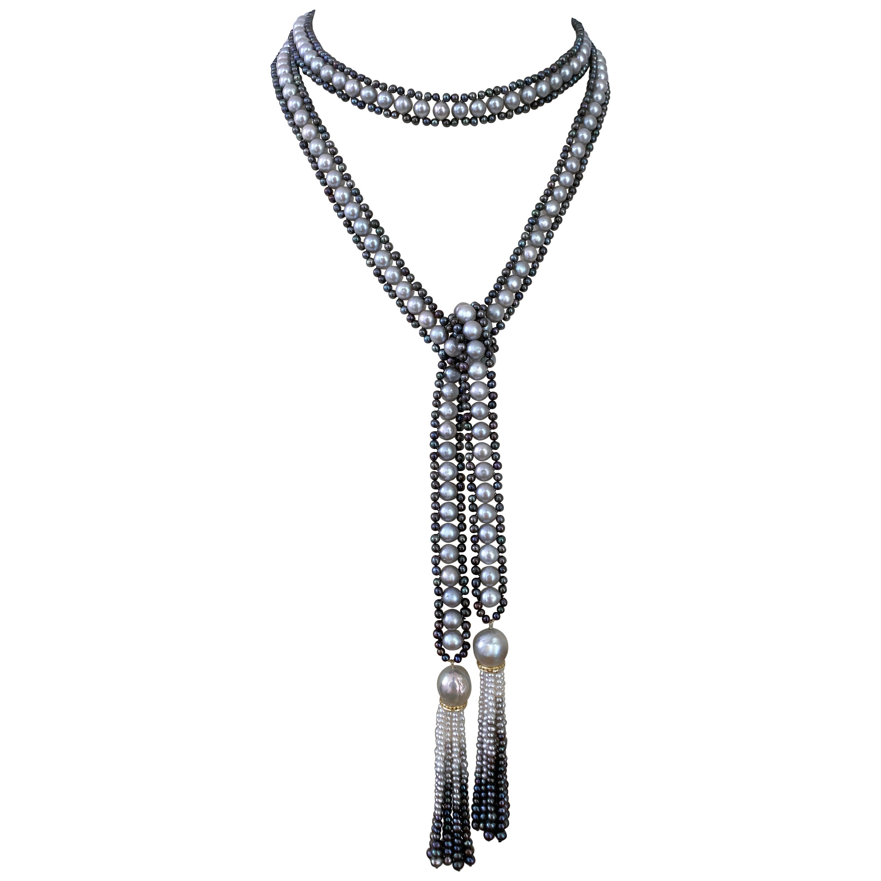 Marina J. Sautoir en perles noires et grises avec pampilles dégradées de diamants