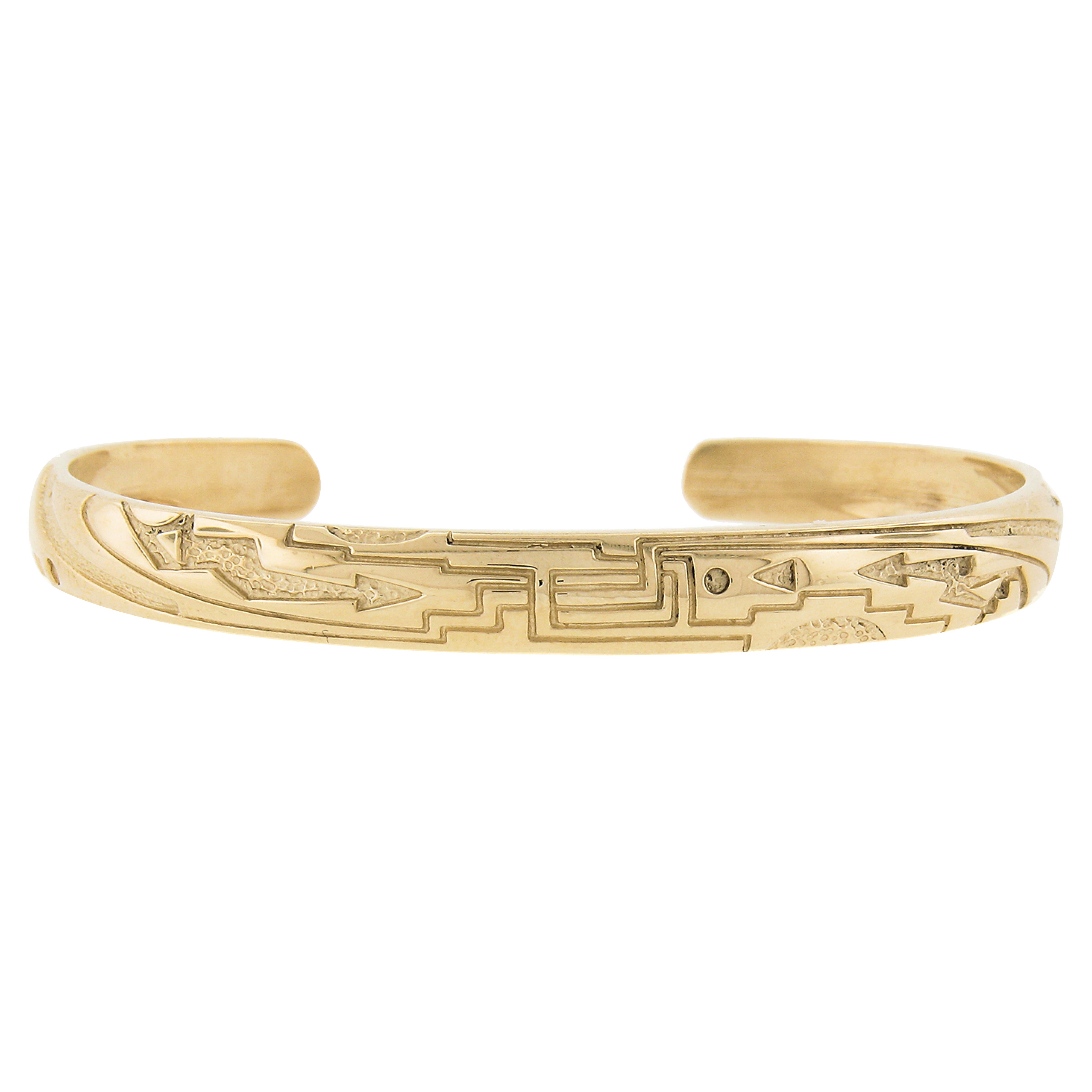 Solid 14k Yellow Gold Native American Design 6.9mm Wide Open Cuff Bracelet For Sale