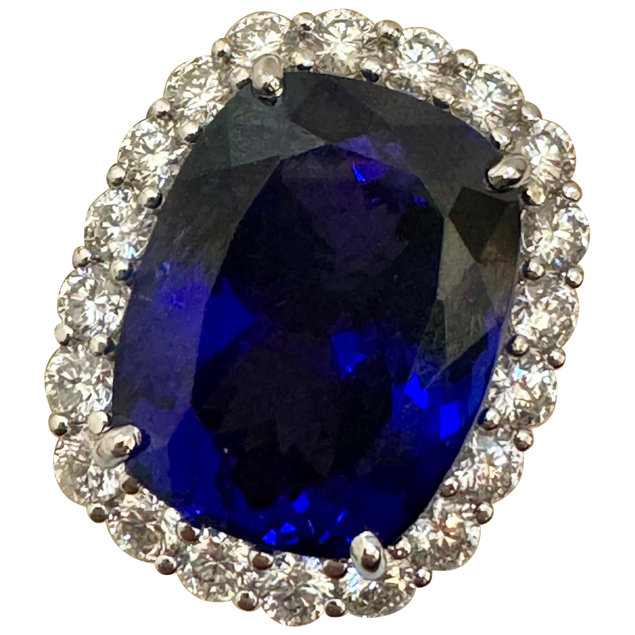 43.74 Ct Cushion-Cut Tanzanite & 4 Ct  Diamond Ring in 14K White Gold Size 6.5 For Sale