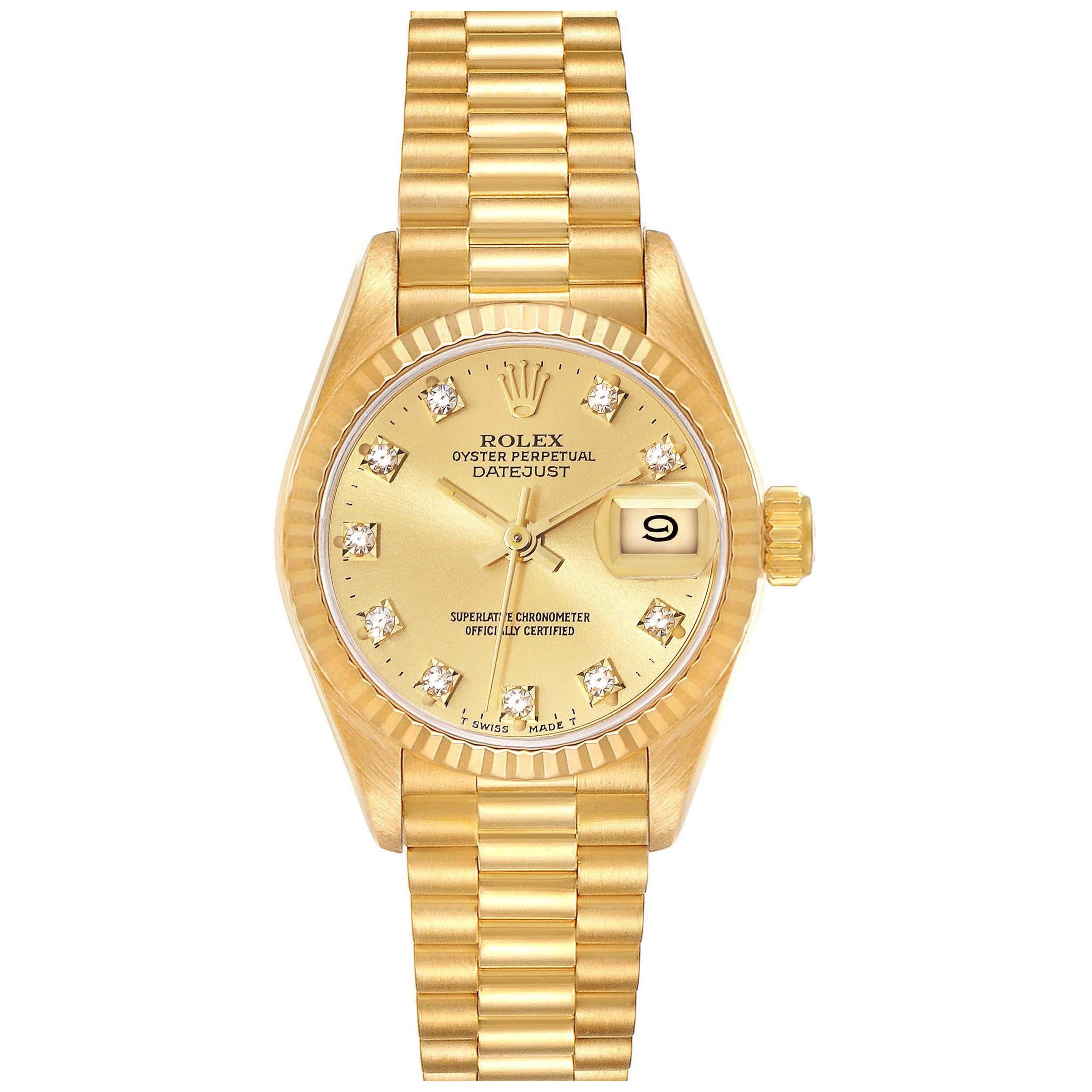 Rolex Montre President Champagne avec cadran en or jaune et diamants, pour femmes 69178 en vente