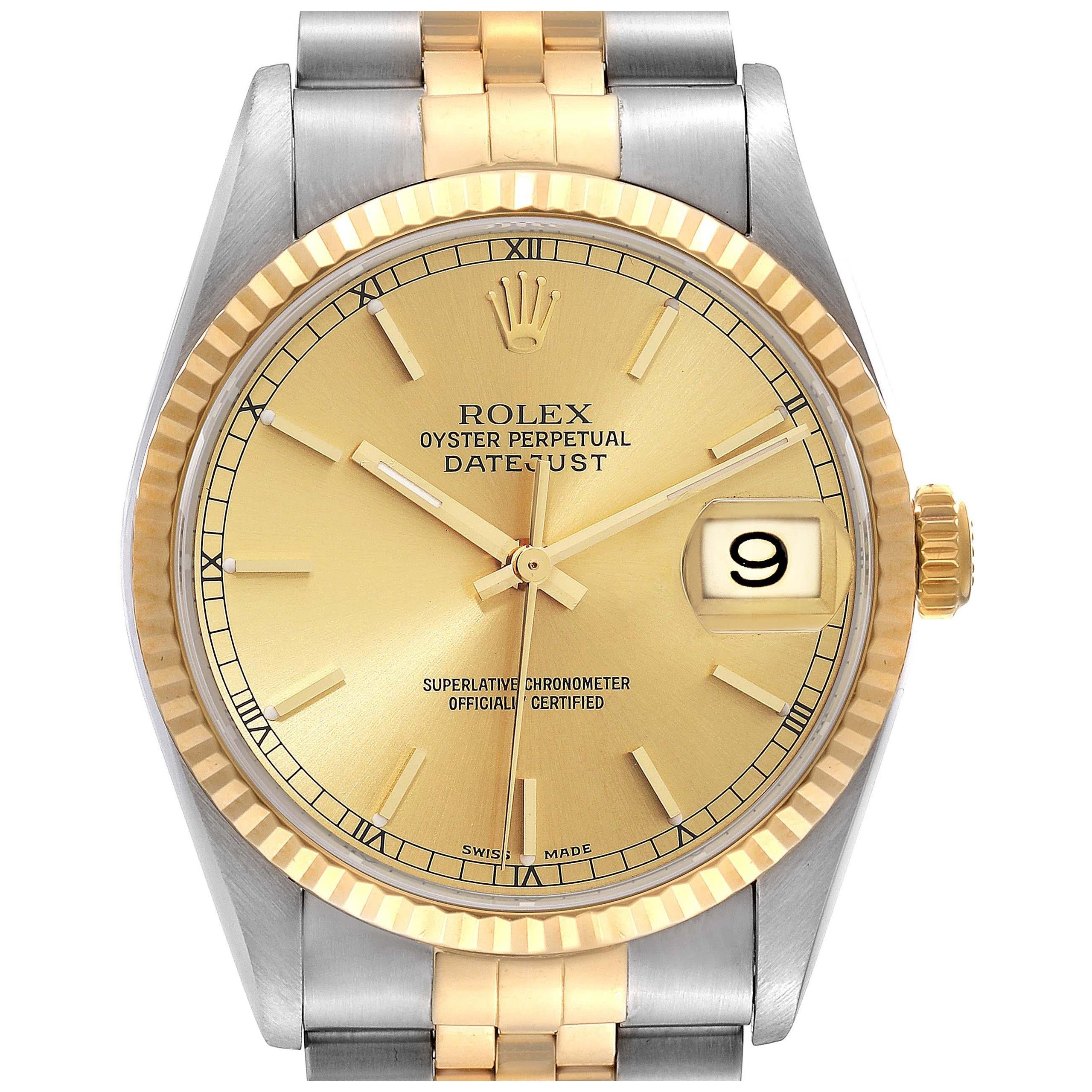 Rolex Datejust 36 Steel Yellow Gold Champagne Dial Mens Watch 16233 Box Papers