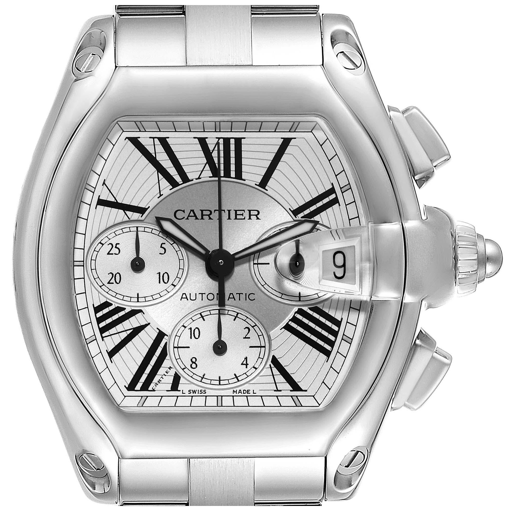 Cartier Roadster XL Chronograph Steel Mens Watch W62019X6 Box Papers For Sale