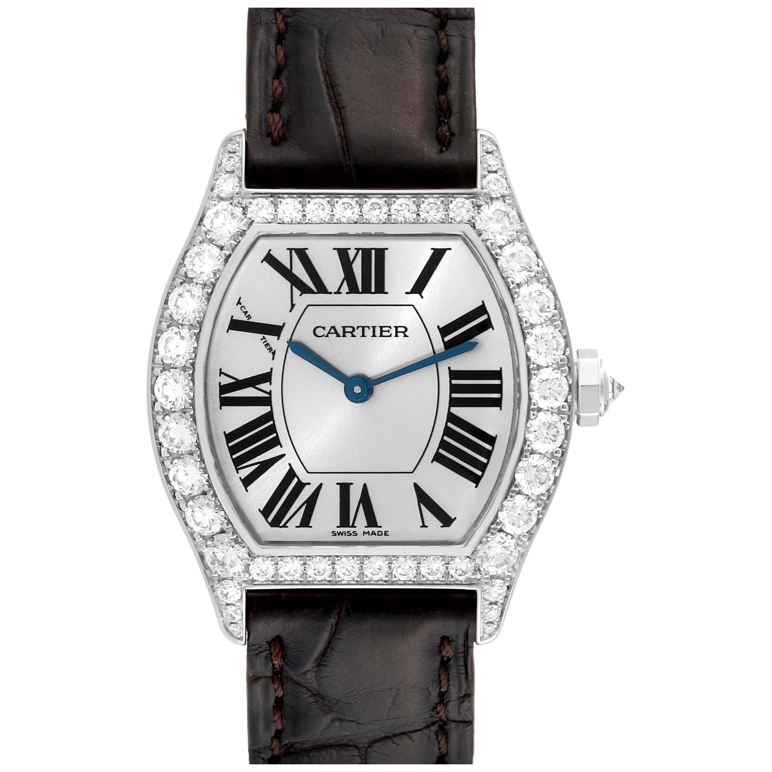 Cartier Tortue White Gold Diamond Black Strap Ladies Watch WA507231 For Sale