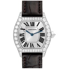 Cartier Tortue Weißgold Diamant-Damenuhr mit schwarzem Riemen WA507231