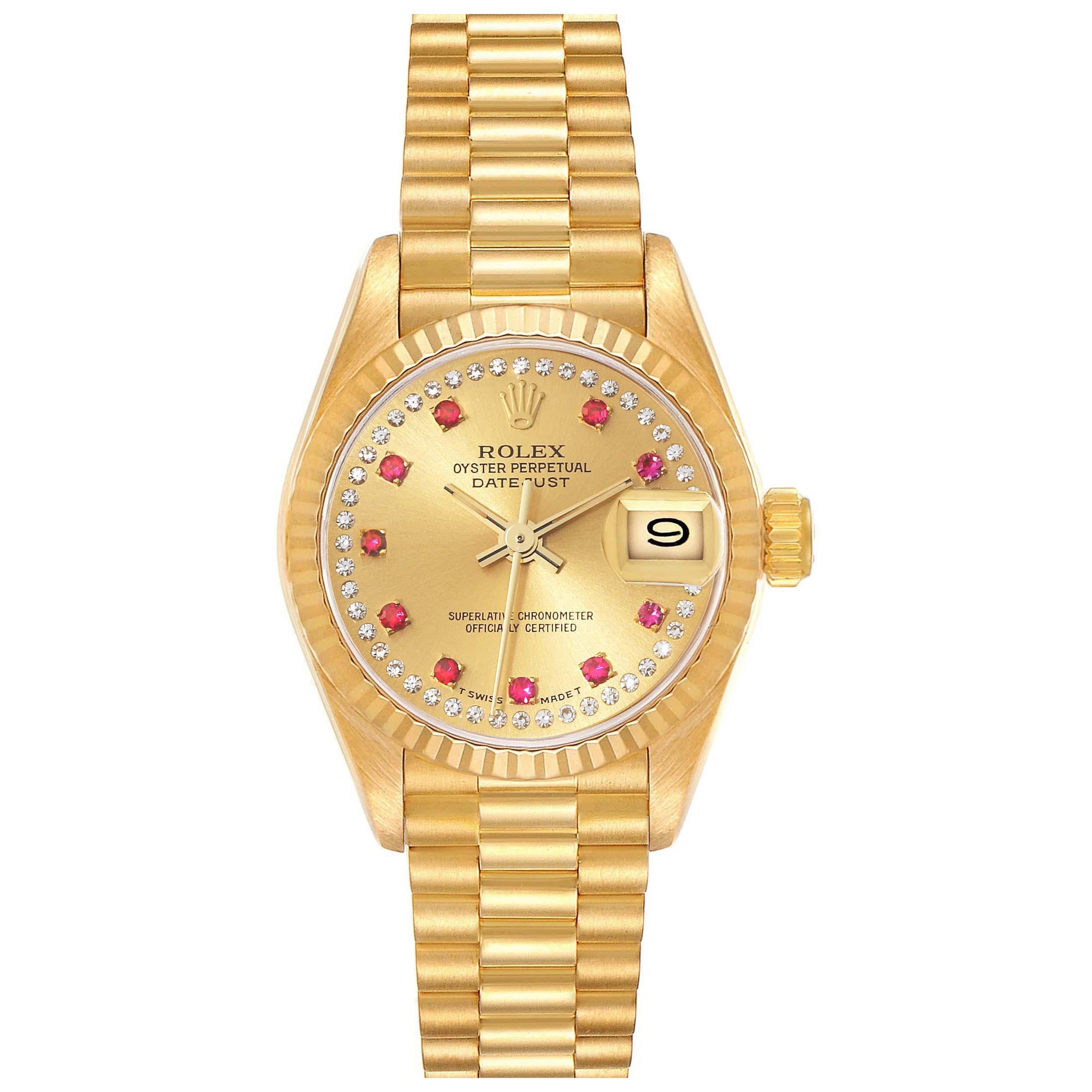 Rolex Datejust President Yellow Gold Diamond Ruby Ladies Watch 69178