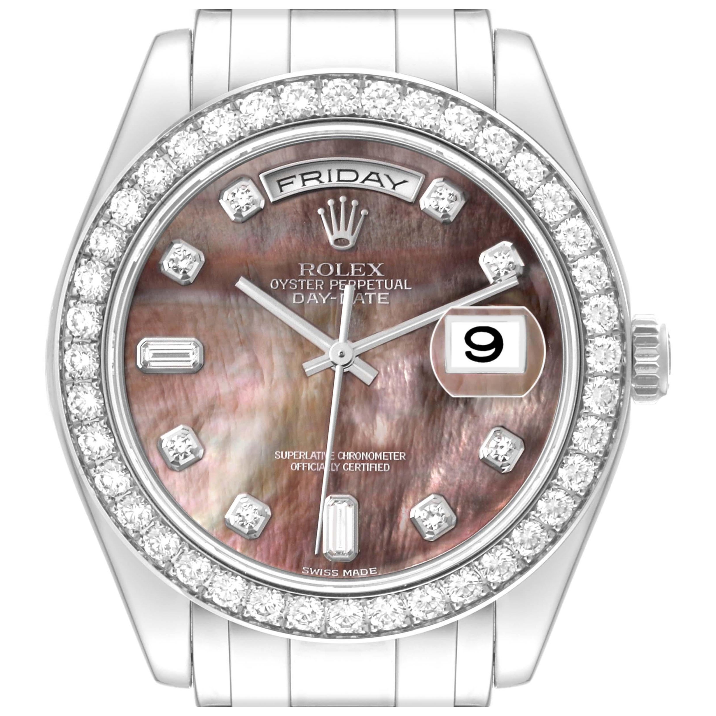 Rolex Day-Date Masterpiece Platinum Mother of Pearl Diamond Mens Watch 18946 For Sale