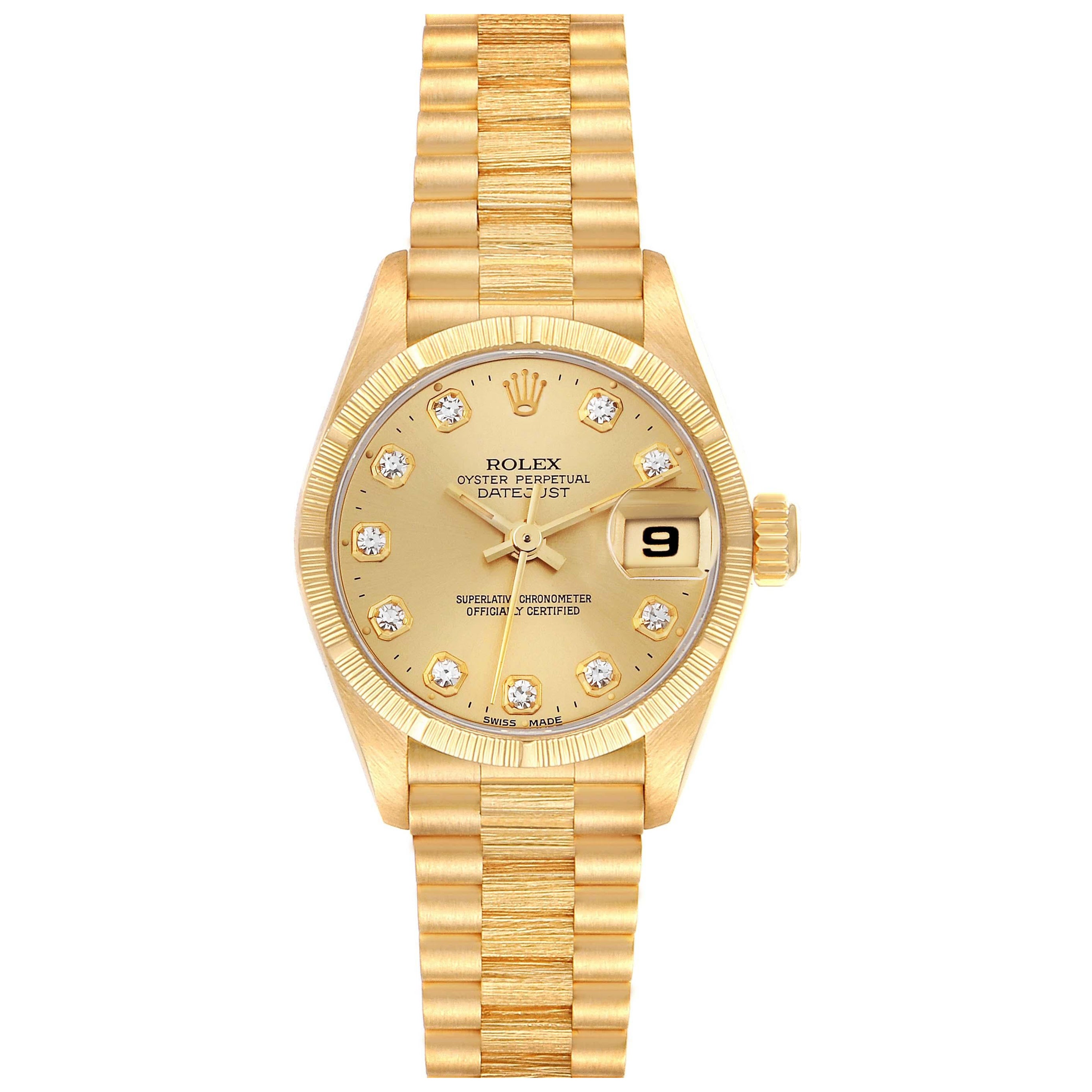 Rolex Datejust President Diamond Dial Yellow Gold Bark Finish Ladies Watch 69278 For Sale