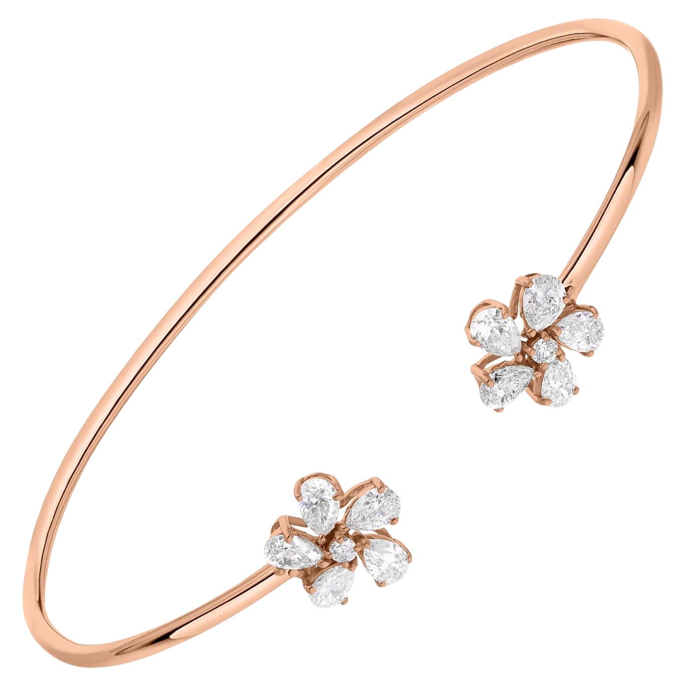 SI Clarity HI Color Round Diamond Flower Cuff Bangle Bracelet 18 Karat Rose Gold