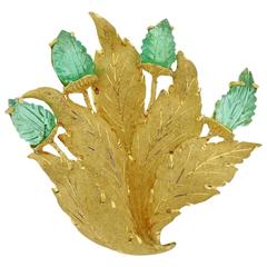 Buccellati Carved Emerald Leaf Motif Gold Brooch Pin