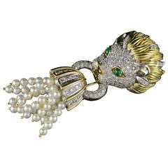 Pearl Emerald Diamond Pave Gold Lion Head Brooch