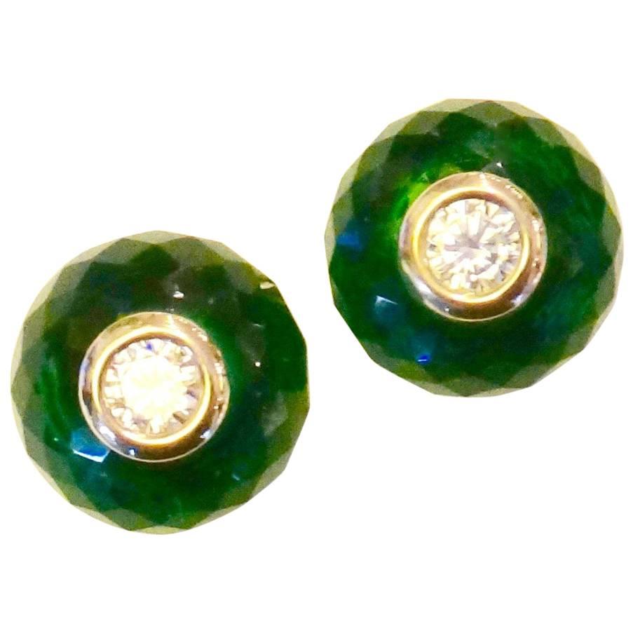 Green Topaz White Sapphire Gold Stud Earrings