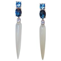Blue Topaz White Quartz Diamond Gold Dangle Icicle Earrings