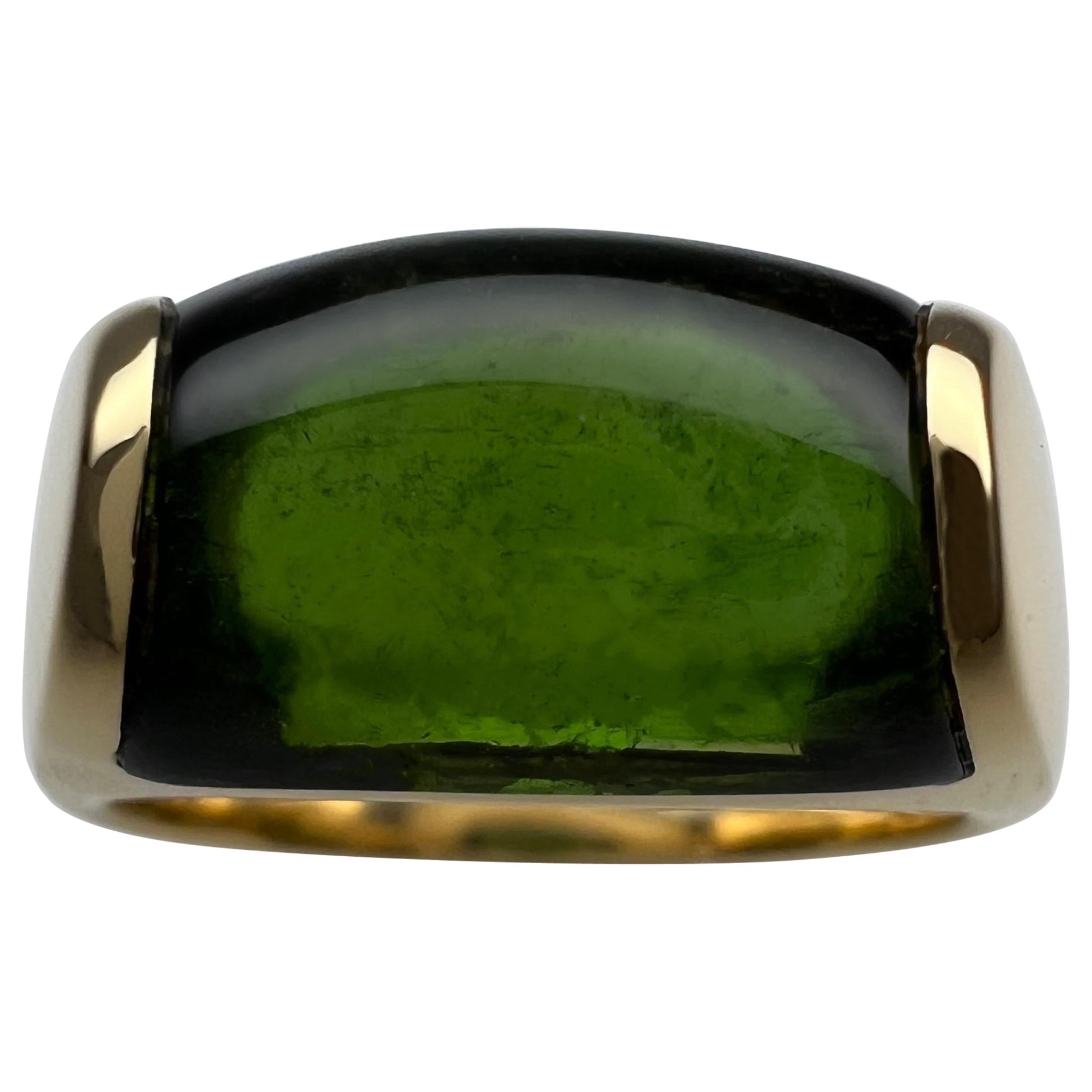 Rare Bvlgari Bulgari Tronchetto 18k Yellow Gold Green Tourmaline Ring with Box For Sale