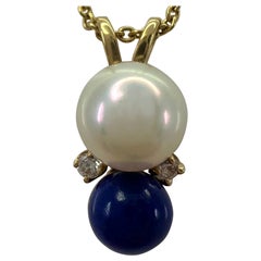 Used Tiffany & Co. Elsa Peretti Pearl, Lapis Lazuli & Diamond 18k Yellow Gold Pendant