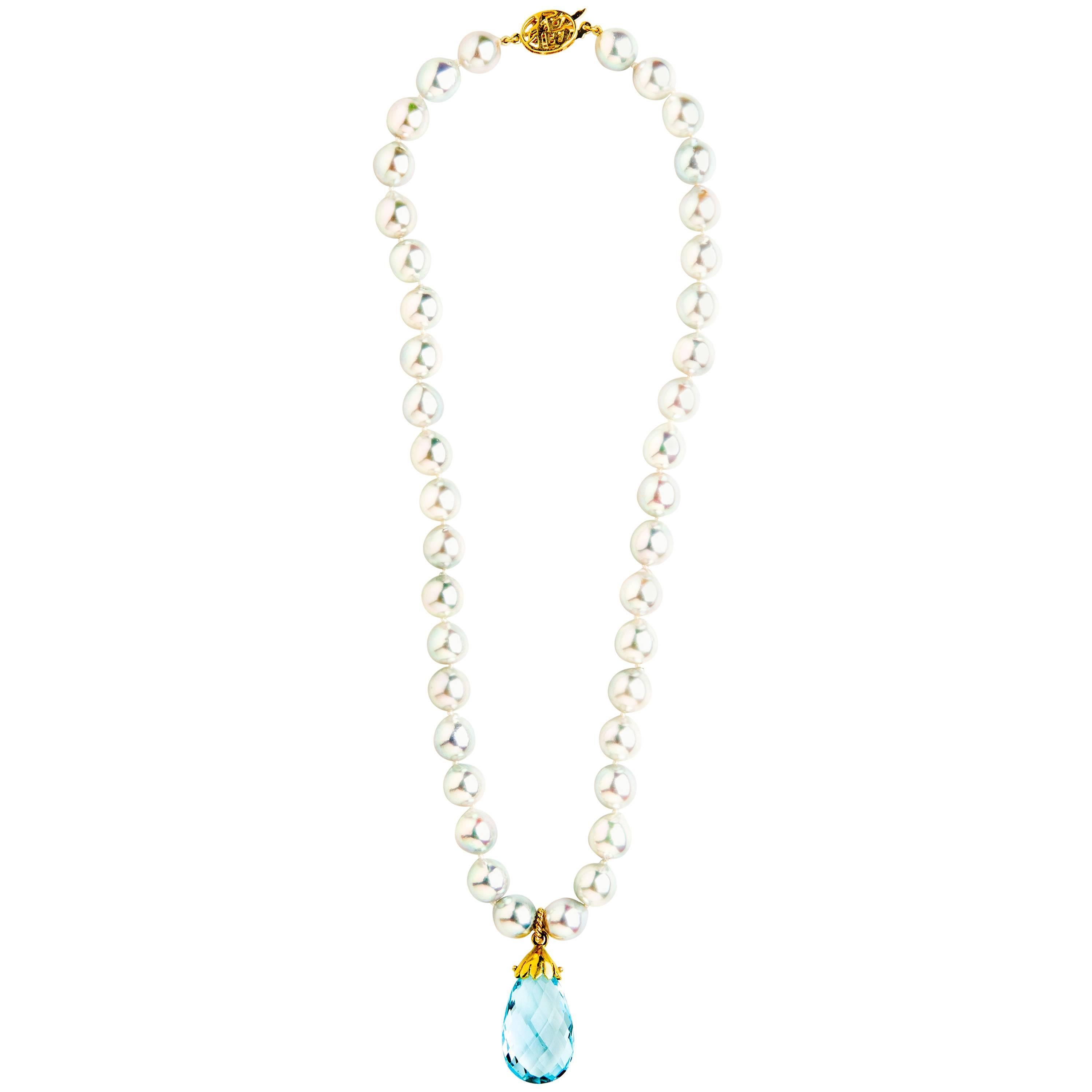 Blue topaz pendant with Blue Akoya Japanese Pearls.