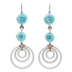 Turquoise, White Agate, Diamonds, 14 Karat White Gold and Rose Gold Earrings.
