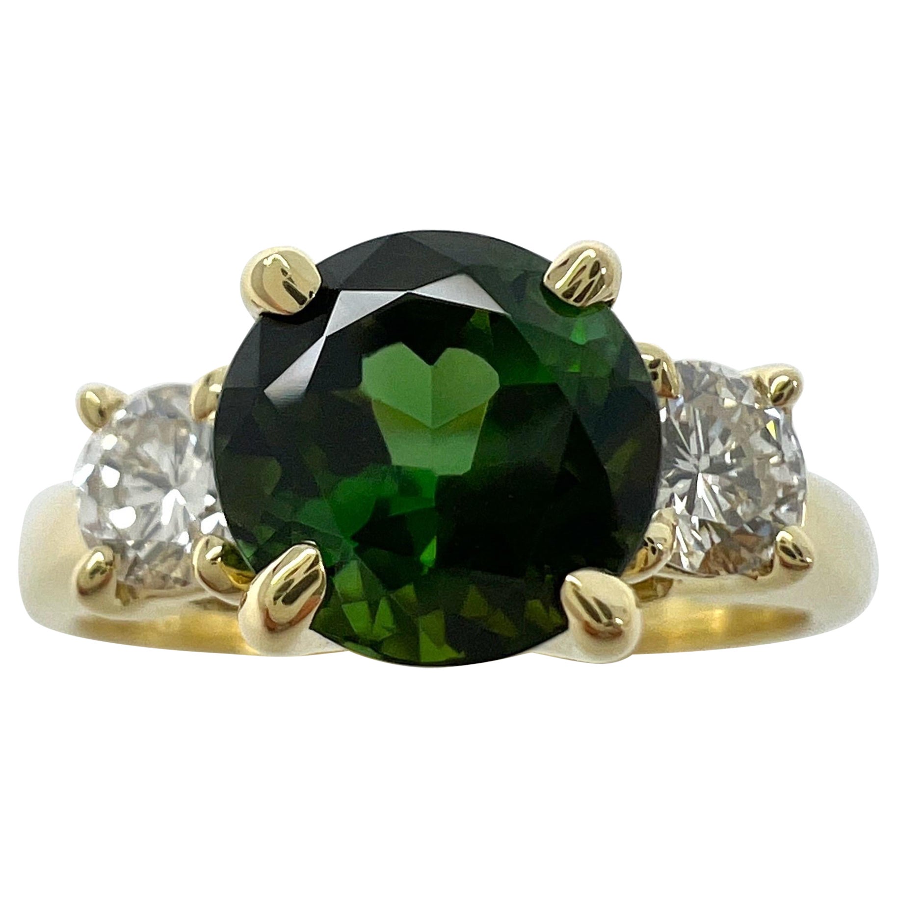 Vintage Tiffany & Co Green Tourmaline Diamond 18k Yellow Gold Three Stone Ring For Sale