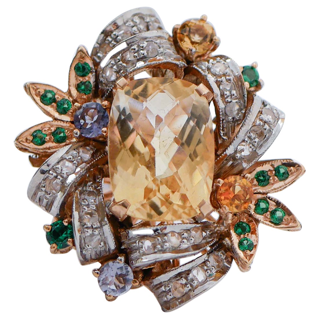 Topazs, Tanzanite, Stones, Diamonds, 14 Karat Rose Gold and Silver Ring. For Sale