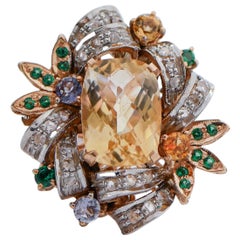Vintage Topazs, Tanzanite, Stones, Diamonds, 14 Karat Rose Gold and Silver Ring.