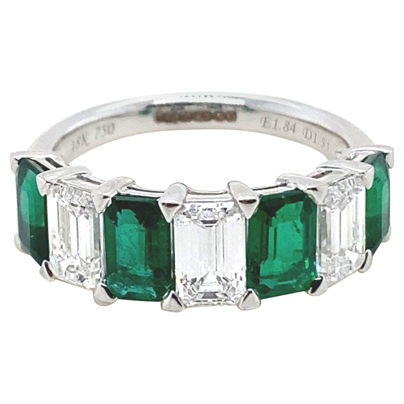 Emerald and Diamond Seven Stone 18 Karat White Gold Ring