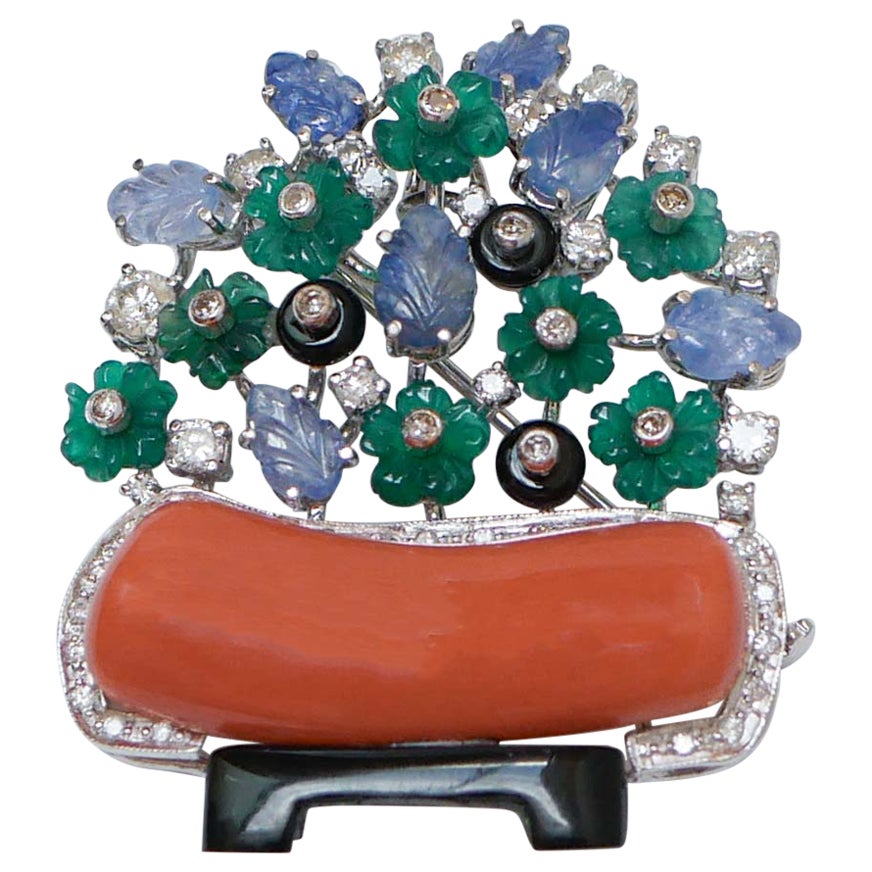 Coral, Diamonds, Sapphires, Onyx,  Agate, Platinum and 18 Kt White Gold Brooch. For Sale