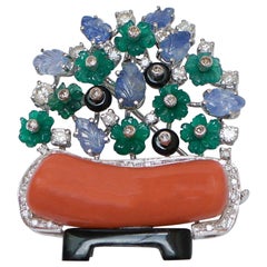 Vintage Coral, Diamonds, Sapphires, Onyx,  Agate, Platinum and 18 Kt White Gold Brooch.