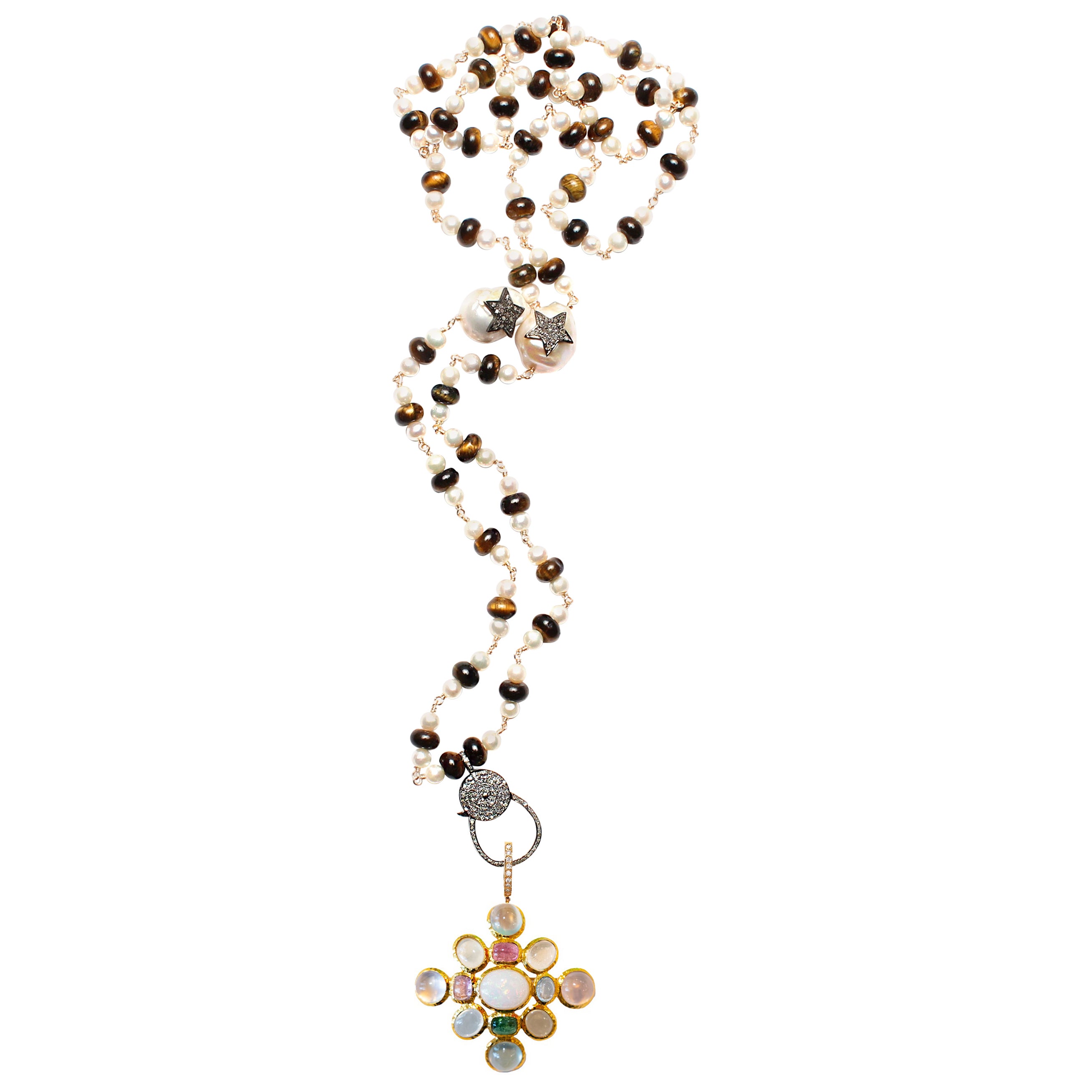 CLARISSA BRONFMAN Tourmaline Opal Gold Capri Pendant & Pearl Tiger's Eye Rosary For Sale