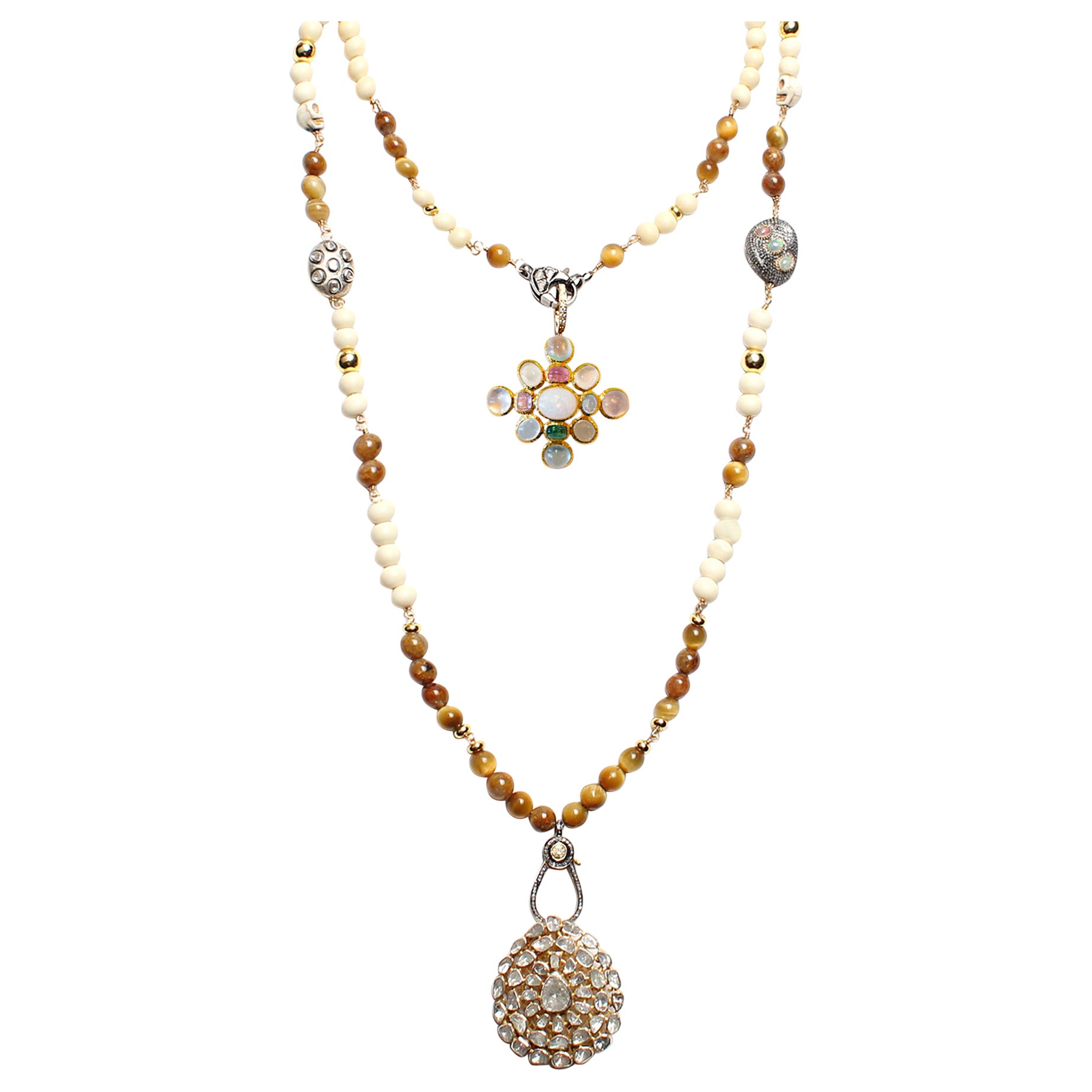 CLARISSA BRONFMAN Carmen Rosary Halskette, Knochen Tigerauge Polki Opal Diamant Gold Carmen Rosary
