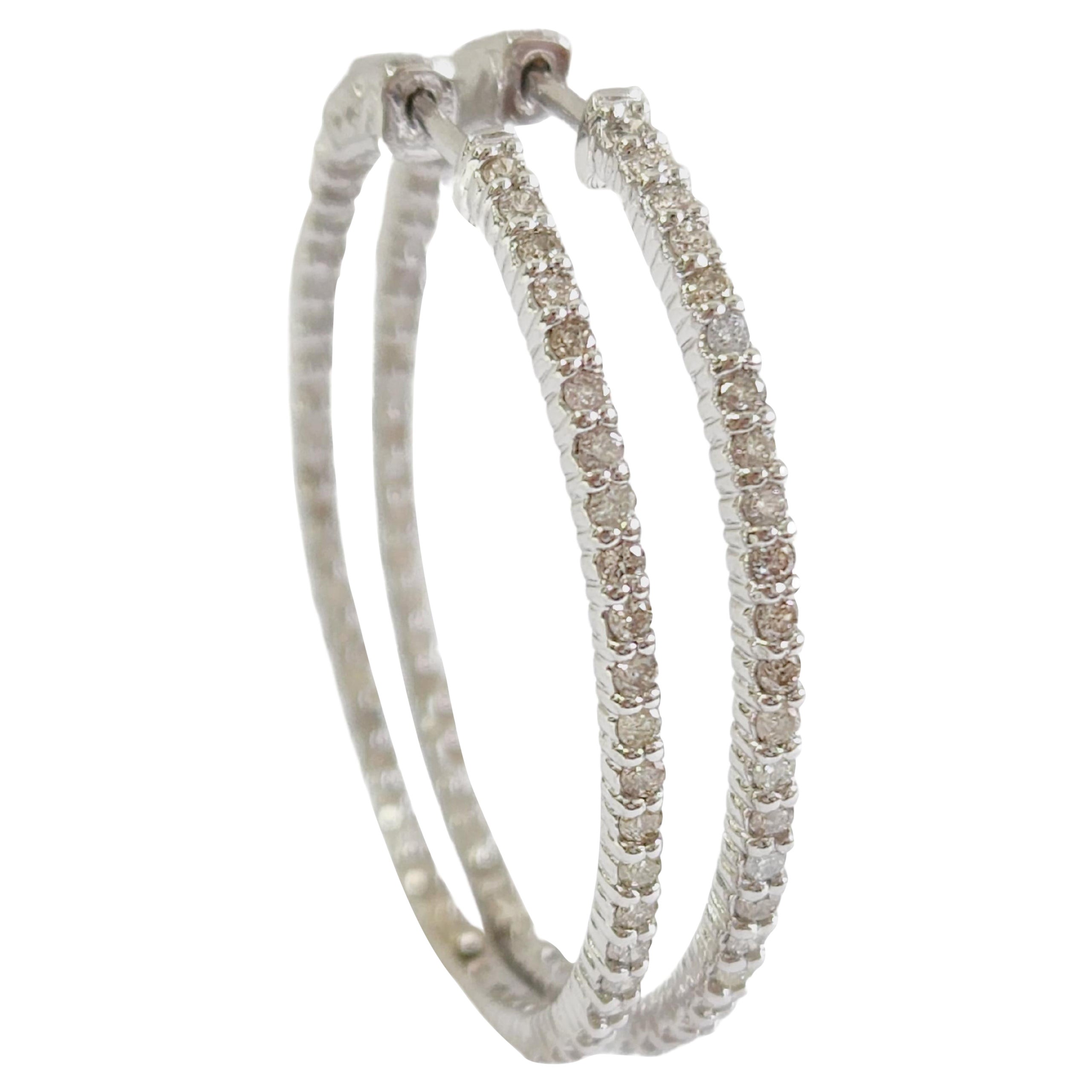 1.23 Carat Natural Diamond Hoop Earrings 14 Karat White Gold For Sale