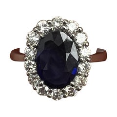 Natural Blue Sapphire Diamond Ring in 18k White Gold - Lady D Style