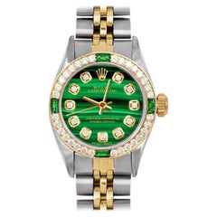 Rolex Ladies Oyster Perpetual Malachite Diamond Dial Emerald Diamond Bezel Watch