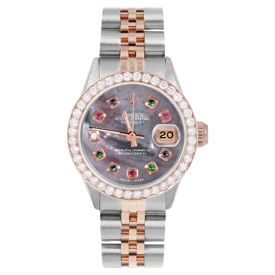 Rolex Ladies Rose Gold Datejust Black MOP Rainbow Dial Diamond Bezel Watch en vente