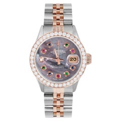 Retro Rolex Ladies Rose Gold Datejust Black MOP Rainbow Dial Diamond Bezel Watch