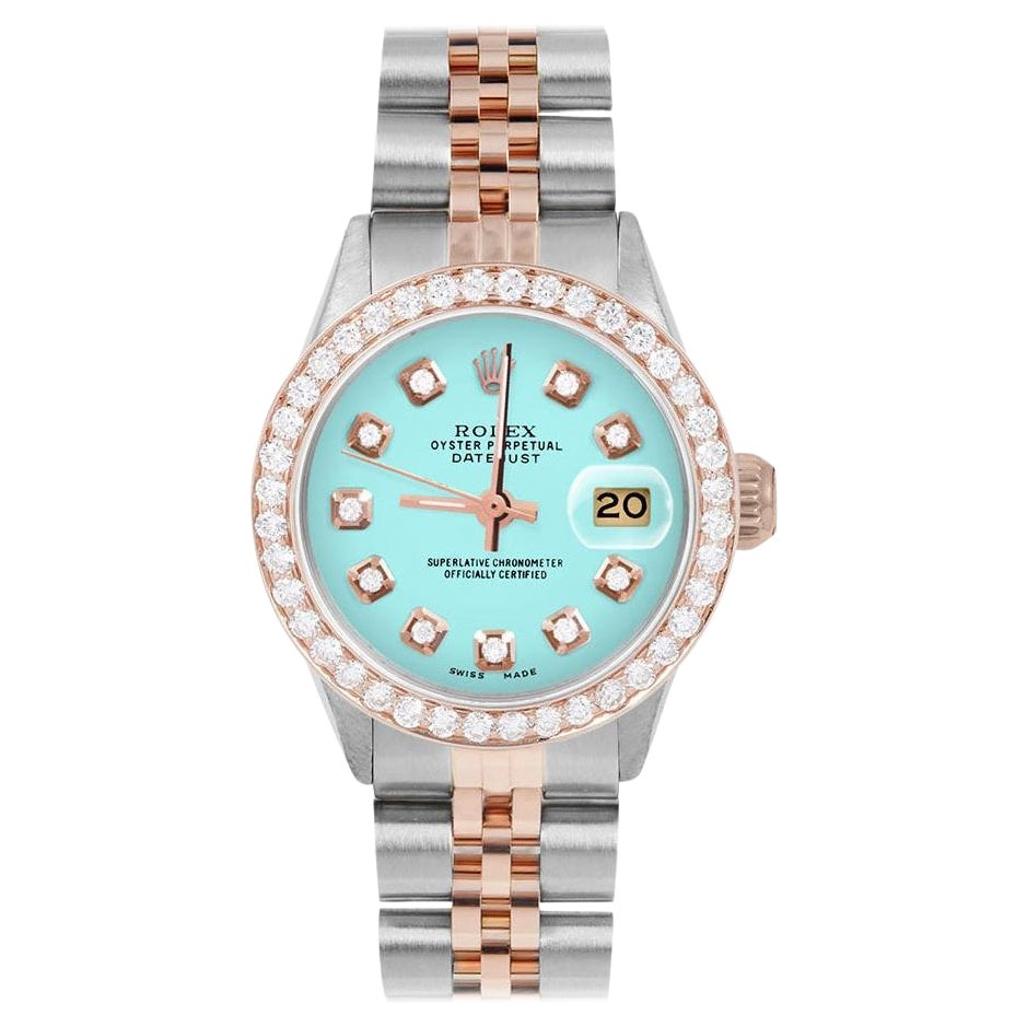 Rolex Montre Datejust pour femme en or rose avec cadran turquoise, diamants et lunette en diamants en vente