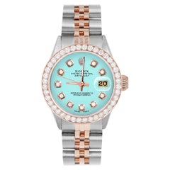 Used Rolex Ladies Rose Gold Datejust Turquoise Diamond Dial Diamond Bezel Watch