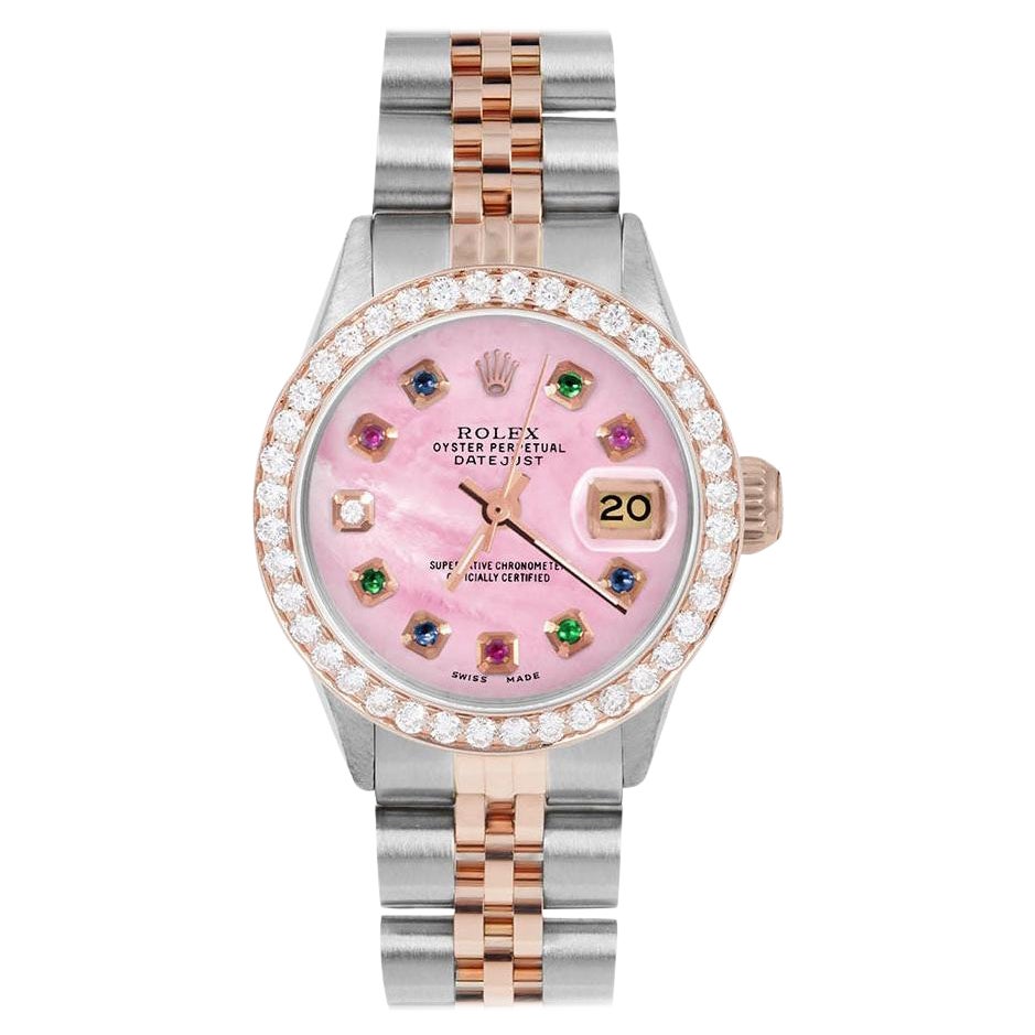 Rolex Ladies Rose Gold Datejust Pink MOP Rainbow Dial Diamond Bezel Watch For Sale