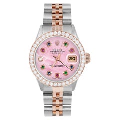 Retro Rolex Ladies Rose Gold Datejust Pink MOP Rainbow Dial Diamond Bezel Watch