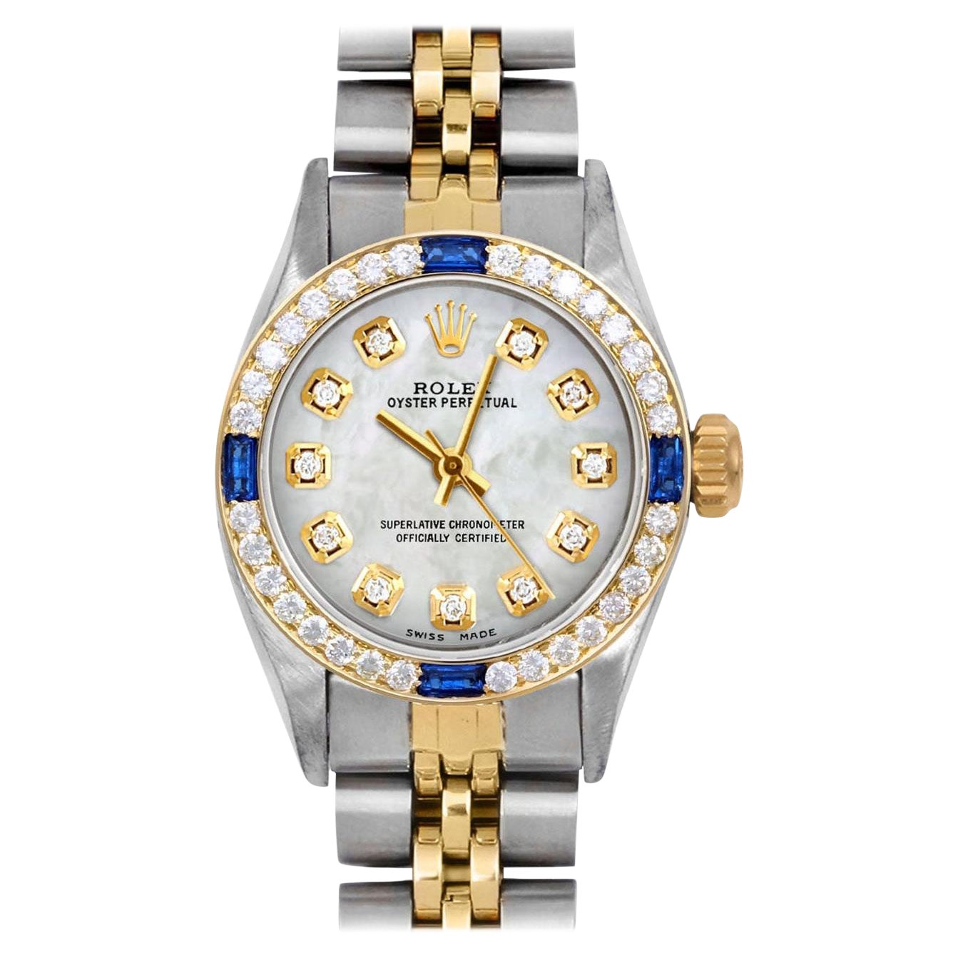 Rolex Ladies TT Oyster Perpetual MOP Diamond Dial Sapphire Diamond Bezel Watch For Sale