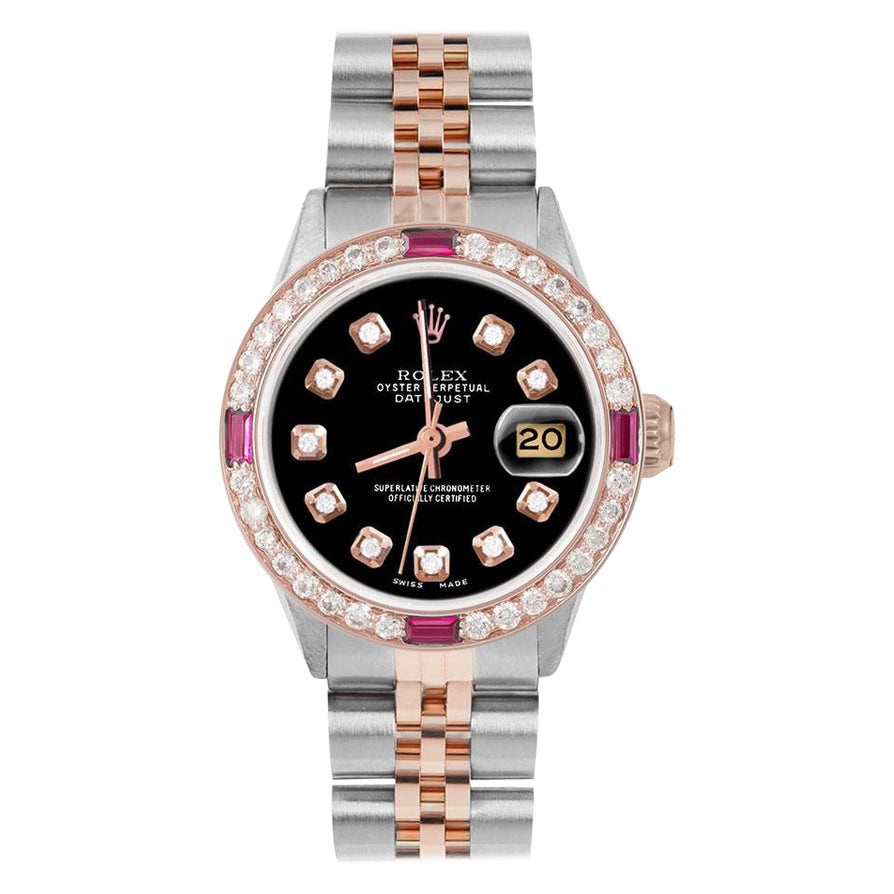Rolex Ladies Rose Gold Datejust Black Diamond Dial Ruby / Diamond Bezel Watch en vente