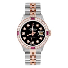 Retro Rolex Ladies Rose Gold Datejust Black Diamond Dial Ruby / Diamond Bezel Watch