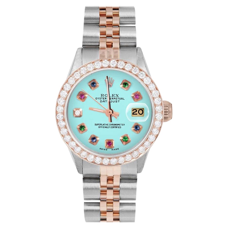Rolex Ladies Rose Gold Datejust Turquoise Rainbow Dial Diamond Bezel Watch For Sale
