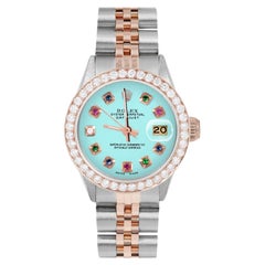 Retro Rolex Ladies Rose Gold Datejust Turquoise Rainbow Dial Diamond Bezel Watch