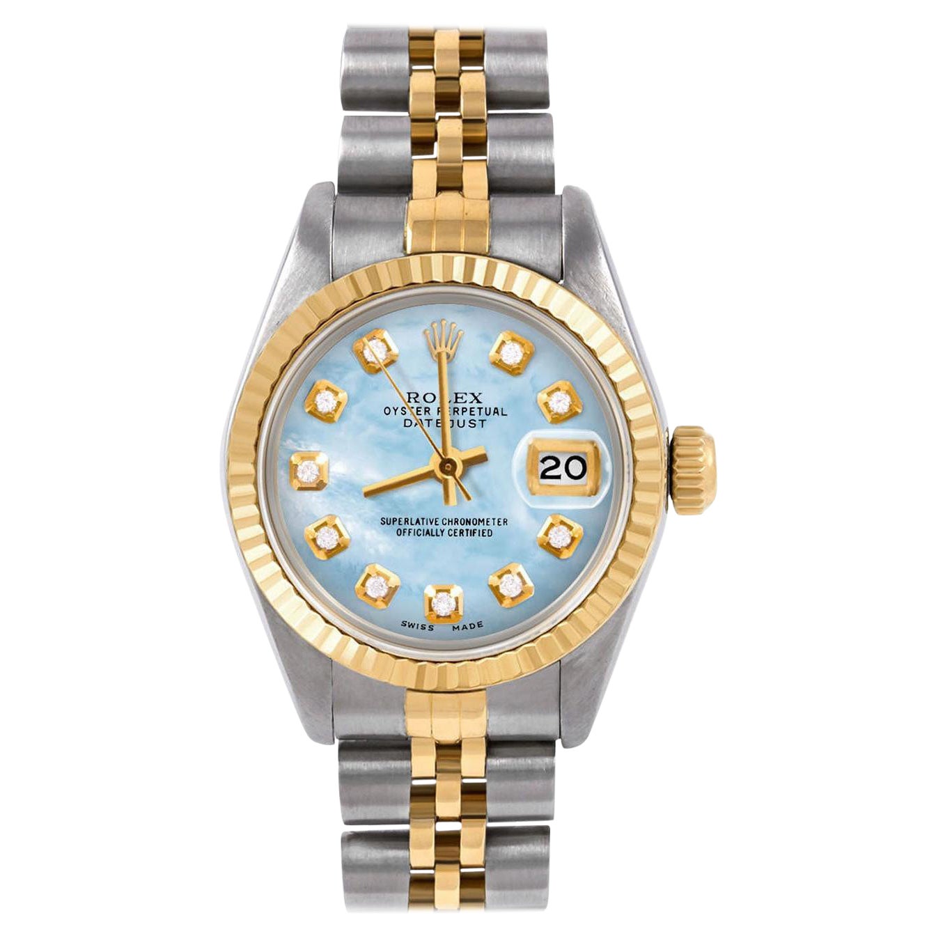 Rolex Ladies Two Tone Datejust Blue Mother-of-Pearl Diamond Dial Jubilee Watch For Sale