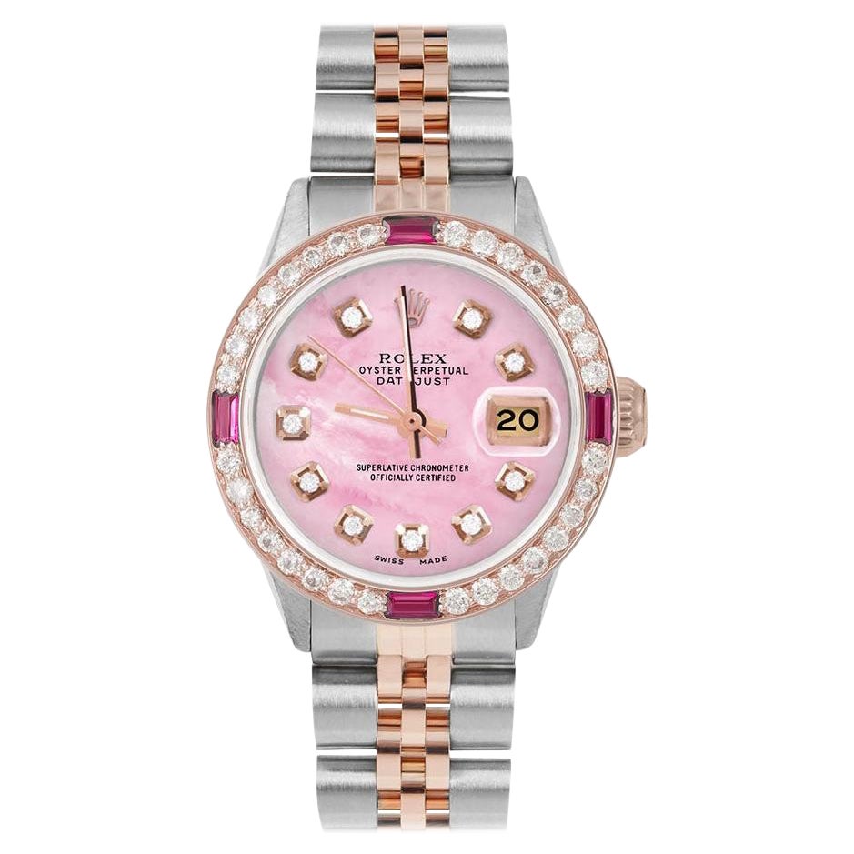 Rolex Damen Roségold Datejust Rosa MOP Diamant Zifferblatt Rubin / Diamant Lünette Uhr im Angebot