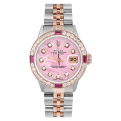 Retro Rolex Ladies Rose Gold Datejust Pink MOP Diamond Dial Ruby / Diamond Bezel Watch