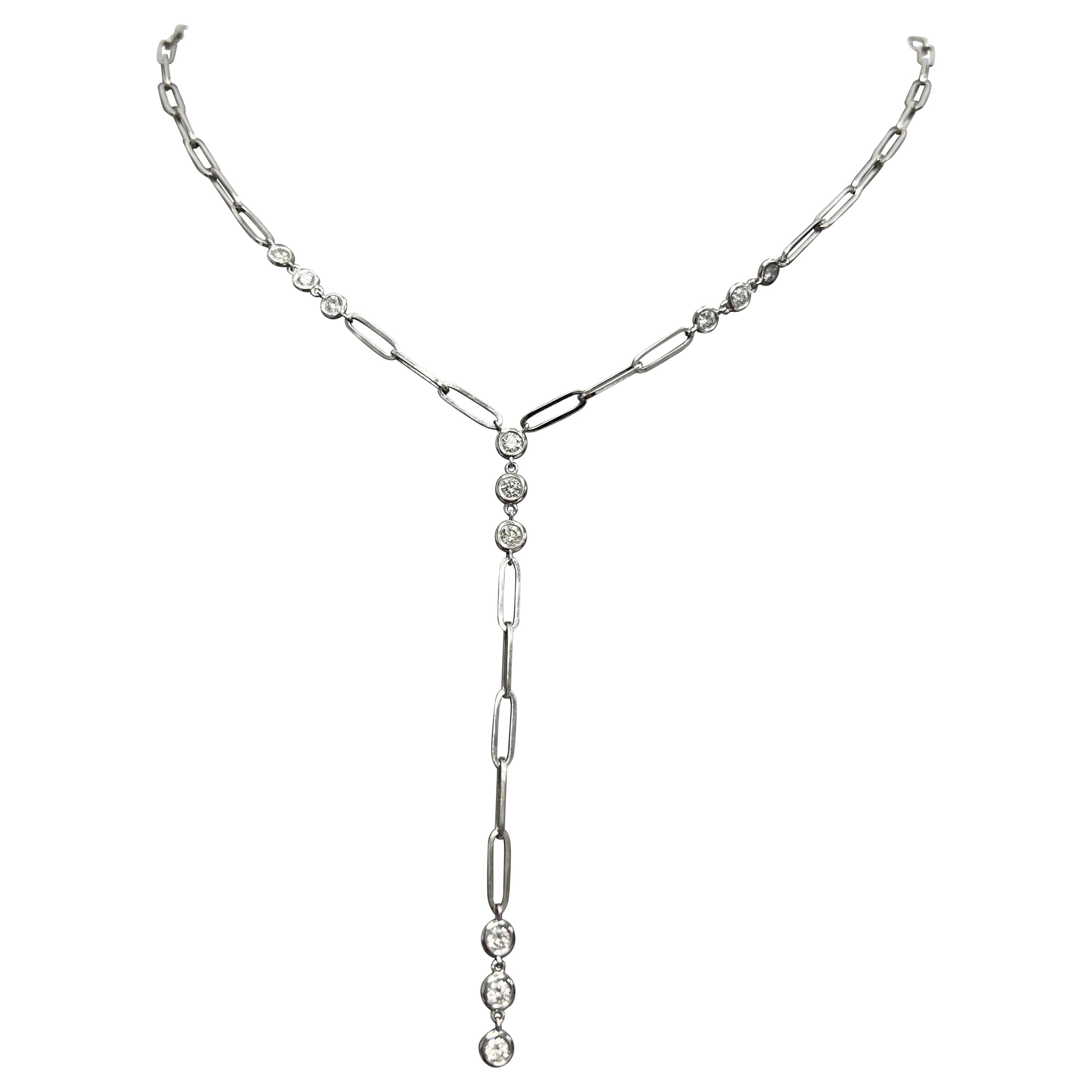 Diamond By The Yards Necklace with Paper-Clip Chain
Natural Full Brilliant Cut Diamonds
14k White Gold
12 Diamonds, 1.00 Total Carat Weight

